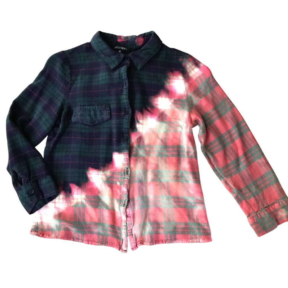 Upcycled Bleached Flannel Shirt, Cropped Distressed Top Green Pink Junior Medium